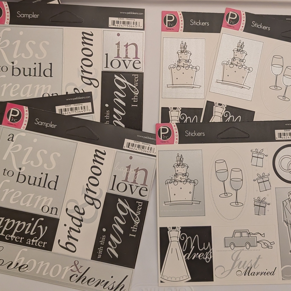 Pebbles Wedding Stickers and Sampler Sheets - White, Black, Pink Accents